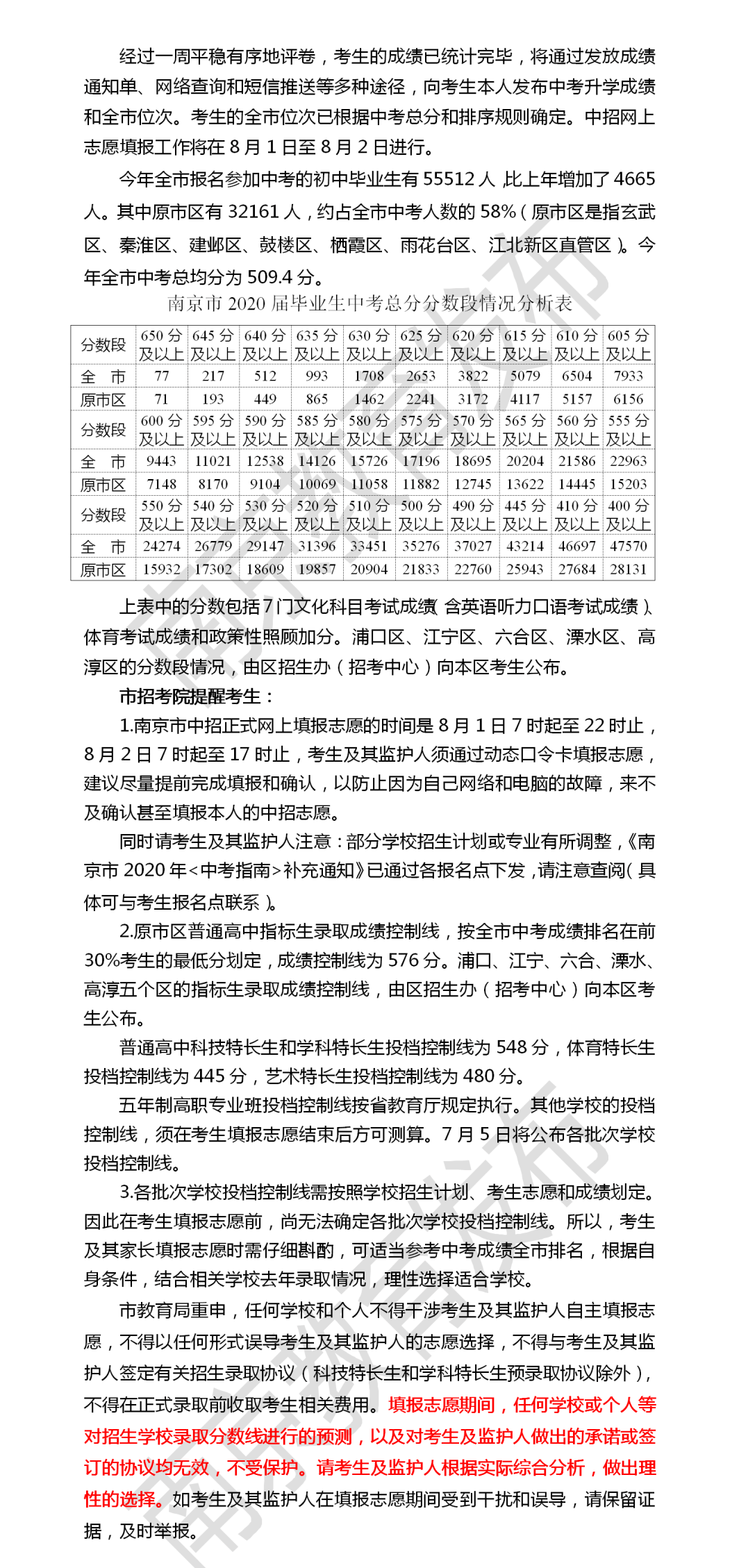 南京市中招投檔控制線揭曉?。▋?nèi)附總分分數(shù)段情況分析表）